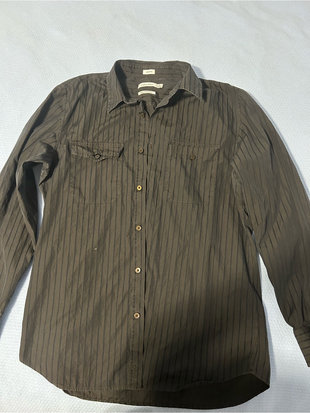 Calvin Klein Men’s Long-Sleeve Dark Gray Striped Button-Down Shirt
